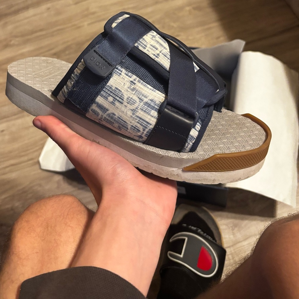 White n blue dior slides